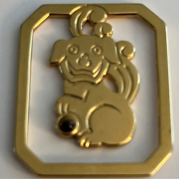 Judith Leiber Gold Tone Foo Puppy Dog Money Clip Book‎ Mark Tigers Eye Cabochon - Picture 1 of 5